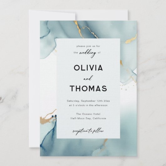 Moderne, blaue Elegante Frame Beach Hochzeit Einladung (Vorderseite)