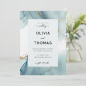 Moderne, blaue Elegante Frame Beach Hochzeit Einladung (Stehend Vorderseite)