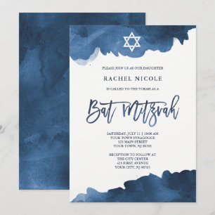Moderne blaue Farbe   Bat Mitzvah Einladung