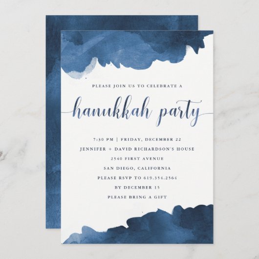 Moderne blaue Farbe | Hanukkah-Party Einladung (Vorne/Hinten)