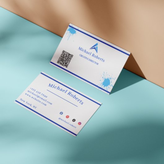 Moderne blaue Farbspritzer Kreativ mit QR-Code Visitenkarte
