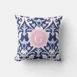 Moderne blaue feminine Ikat-Stammesmuster-Monogram Kissen