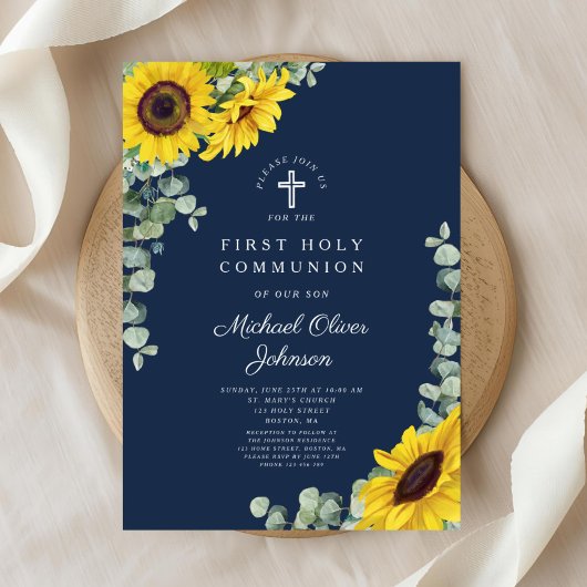 Moderne blaue Flora Erste Heilige Kommune Einladung