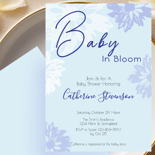 Moderne blaue florale Baby-In-Blüte-Baby-Party Einladung