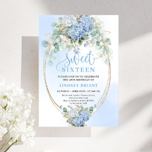 Moderne blaue florale Eukalyptus-Gold-Sweet-16-Ein Einladung