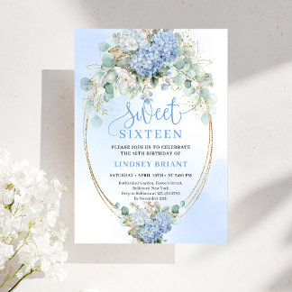 Moderne blaue florale Eukalyptus-Gold-Sweet-16-Ein Einladung