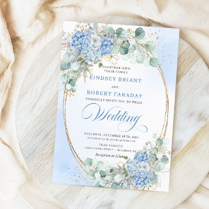 Moderne blaue florale goldene ovale Hochzeitseinla Einladung