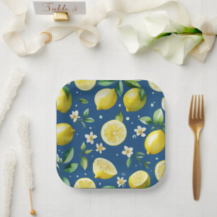 Moderne blaue florale Schrift Brautparty mit Zitro Pappteller