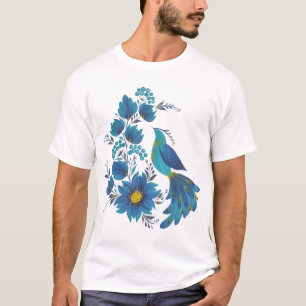 Moderne blaue Folk-Art-Blumen-Vogel-Grafik-T-Shirt T-Shirt