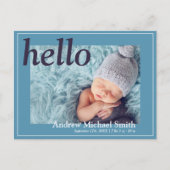 Moderne Blaue Foto Geburtsankündigung Postkarte (Vorderseite)