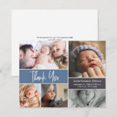 Moderne Blaue Fotocollage-Baby-Party Dankeskarte (Vorne/Hinten)