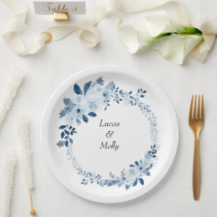 Moderne Blaue Französische Florale Hochzeit Pappteller