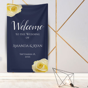 Moderne Blaue Gelbe Rosen Florale Hochzeitsbegrüßu Banner