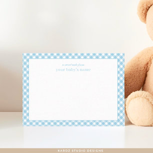 Moderne blaue Gingham-Baby-Nursery-Notizkarte Mitteilungskarte
