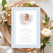 Moderne Blaue Gingham-Schleife Foto Junge Taufe