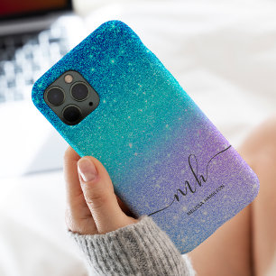 Moderne blaue Glitter-Ombre lila schicke monogramm iPhone 13 Pro Max Hülle