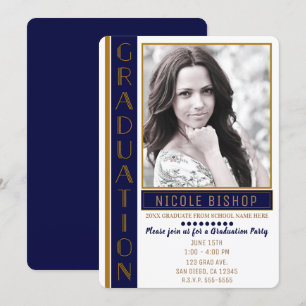 Moderne Blaue Gold Abschlussparty Graduierten Foto Einladung
