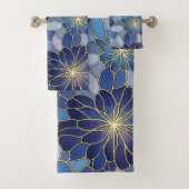Moderne Blaue Gold Blumenmuster Badhandtuch Set (Insitu)