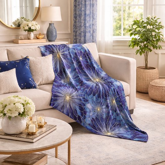 Moderne Blaue Gold Blumenmuster Fleecedecke
