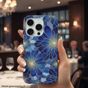 Moderne Blaue Gold Blumenmuster iPhone 15 Pro Hülle