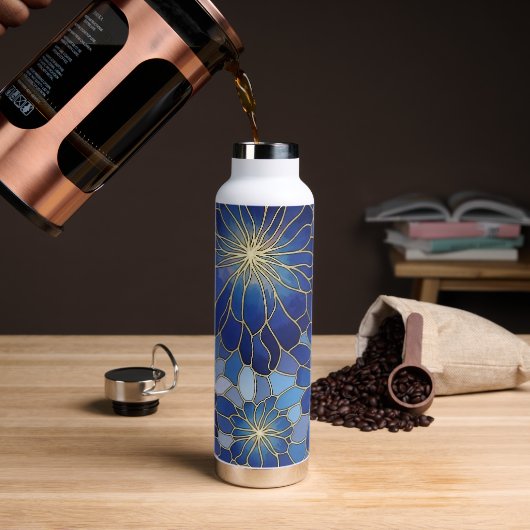 Moderne Blaue Gold Blumenmuster Trinkflasche (Kaffee (gedreht))