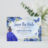 Moderne blaue Gold-Blütenprinzessin Quinceañera Save The Date (Stehend Vorderseite)