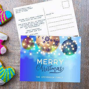 Moderne blaue Gold-Ornamente Familienweihnachten Feiertagspostkarte