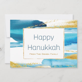 Moderne Blaue Gold Wasserfarbe Hanukkah Familie Feiertagskarte