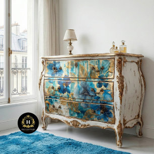 Moderne Blaue Goldene Blumige Botanik für Möbel Seidenpapier