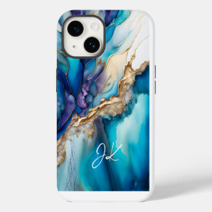 Moderne Blaue Goldmarmor-Monogramm-Personalisierun iPhone 14 Hülle