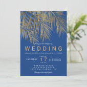 Moderne, blaue Goldpalme Einladung (Stehend Vorderseite)