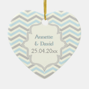 Moderne blaue, graue, elfenbeinfarbene Chevron-Mus Keramik Ornament