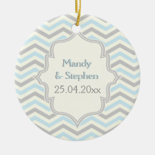 Moderne blaue, graue, elfenbeinfarbene Chevron-Mus Keramikornament