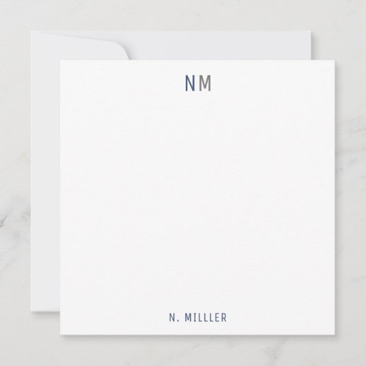 Moderne blaue graue Monogram, zwei Flat Mitteilungskarte (Vorderseite)