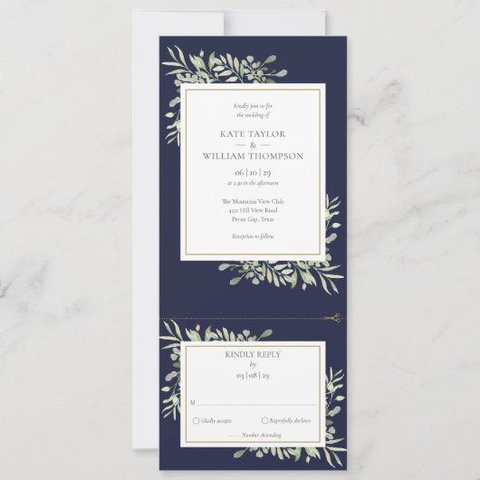 Moderne blaue Grünpflanzen in einem Hochzeitsinvit Einladung (Vorderseite)