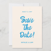 Moderne blaue Hand gezeichnete helle Retro Quirky Save The Date (Vorderseite)