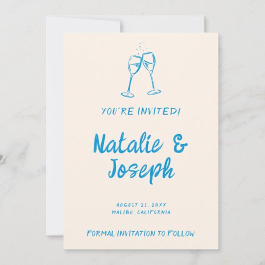 Moderne blaue Hand gezeichnete helle Retro Quirky Save The Date (Rückseite)