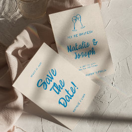 Moderne blaue Hand gezeichnete helle Retro Quirky Save The Date