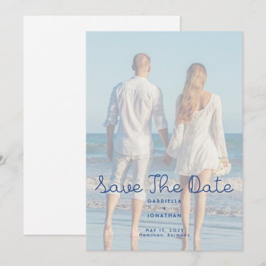 Moderne blaue handgeschriebene Hochzeitsfoto  Save The Date (Vorne/Hinten)
