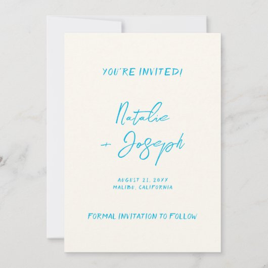 Moderne blaue, handgeschriebene Retro-Whimsikeheim Save The Date (Rückseite)