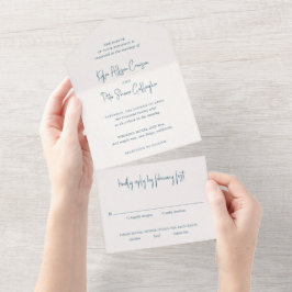 Moderne Blaue Handschrift Elegante Hochzeit All In One Einladung