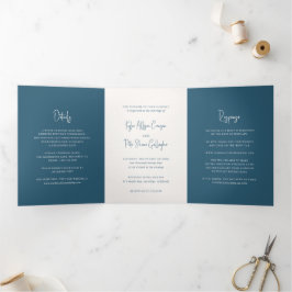 Moderne Blaue Handschrift Elegante Hochzeit Dreifach Gefaltete Einladung