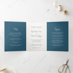 Moderne Blaue Handschrift Elegante Hochzeit Dreifach Gefaltete Einladung
