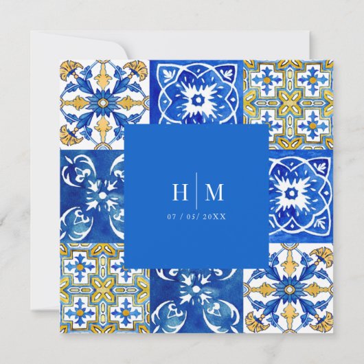 Moderne blaue Hochzeit im Mittelmeer Einladung (Rückseite)