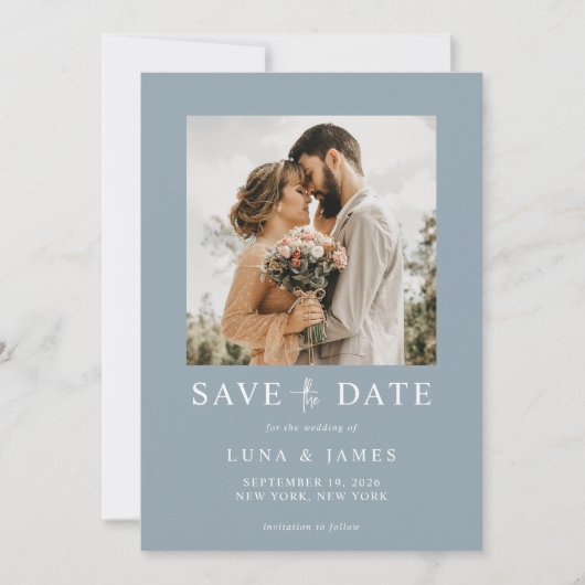 Moderne, blaue Hochzeit mit einfachem Foto Save The Date (Vorderseite)