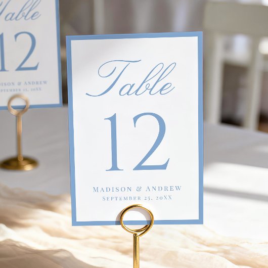Moderne blaue Hochzeit mit Rahmen Tischnummer
