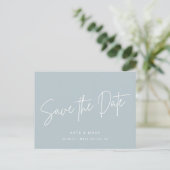 Moderne blaue Hochzeit retten das Datum Postkarte (Stehend Vorderseite)