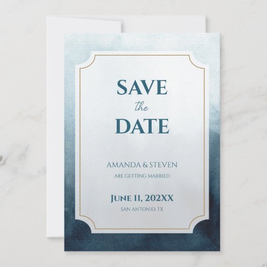 Moderne Blaue Hochzeit Save The Date (Vorderseite)