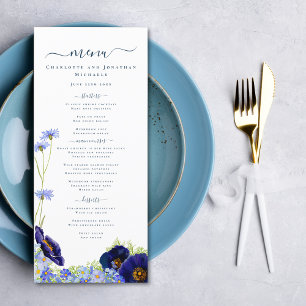 Moderne Blaue Hochzeitsmenükarte mit Wildblumen Menükarte