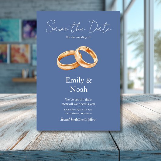 Moderne blaue Hochzeitsringe Save The Date Karte